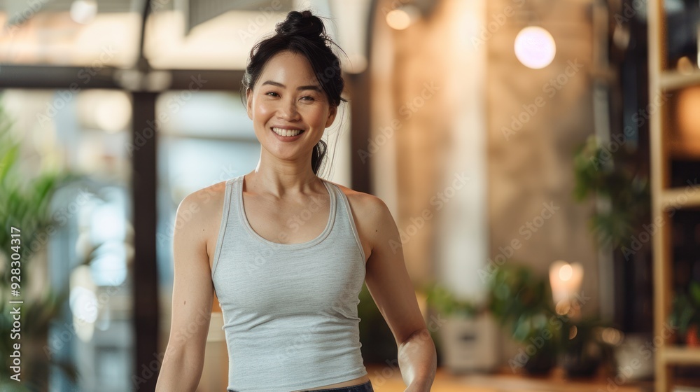 Smiling Woman in a White Tank Top, Looking Confident Smiling Woman in a White Tank Top, Looking Confident