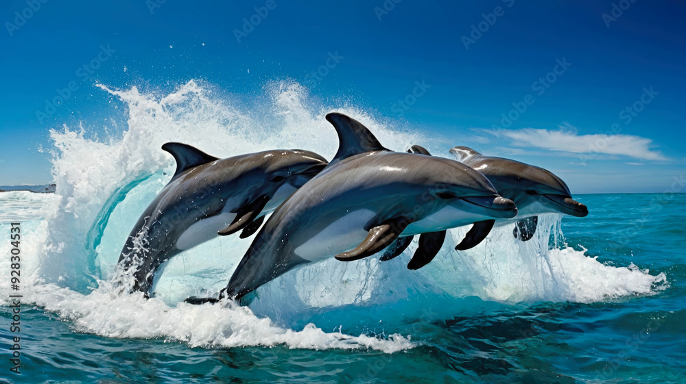 Fototapeta premium A dynamic scene of dolphins leaping gracefully through bright blue ocean waves under a clear sky