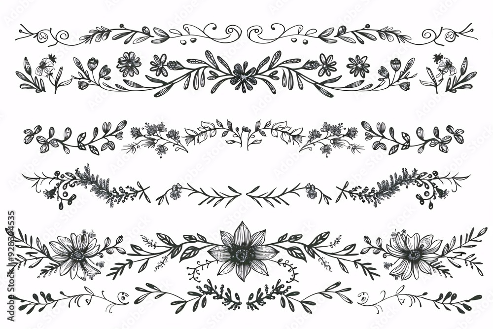 Doodle set with decorative separators for weddings, featuring vintage-style hand-drawn illustrations on a white background. Doodle set with decorative separators for weddings, featuring vintage-style hand-drawn illustrations on a white background.