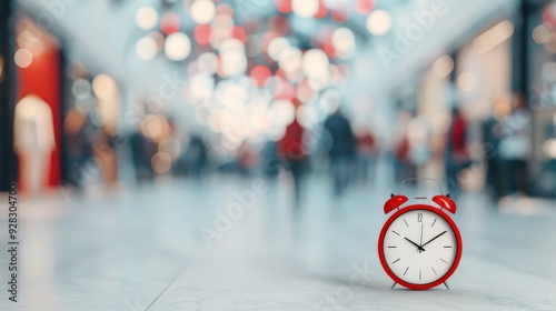 A vibrant red alarm clock stands out in a bustling shopping mall, symbolizing the passage of time amidst busy shoppers. photo