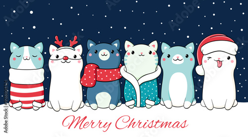Christmas card with cute cats in scarves and hats. Winter holiday greeting card with kawaii kittens. Vector illustration EPS8
