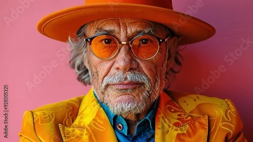 eccentric older man dressed in vibrant colours