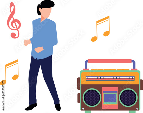 A boy is listening to music through a music box.