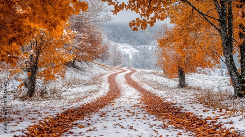 Winding road covered with snow leading through a forest with autumn foliage in the snow photo