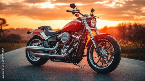 Red and chrome motorcycle standing on an empty road at sunset