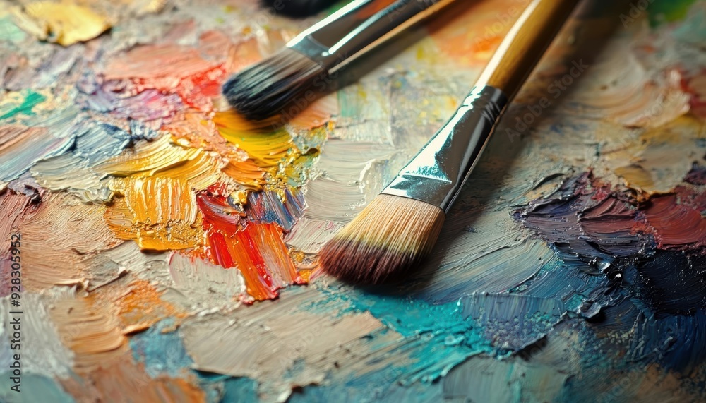 Fototapeta premium Close-up of paintbrushes on a palette with colorful oil paints.