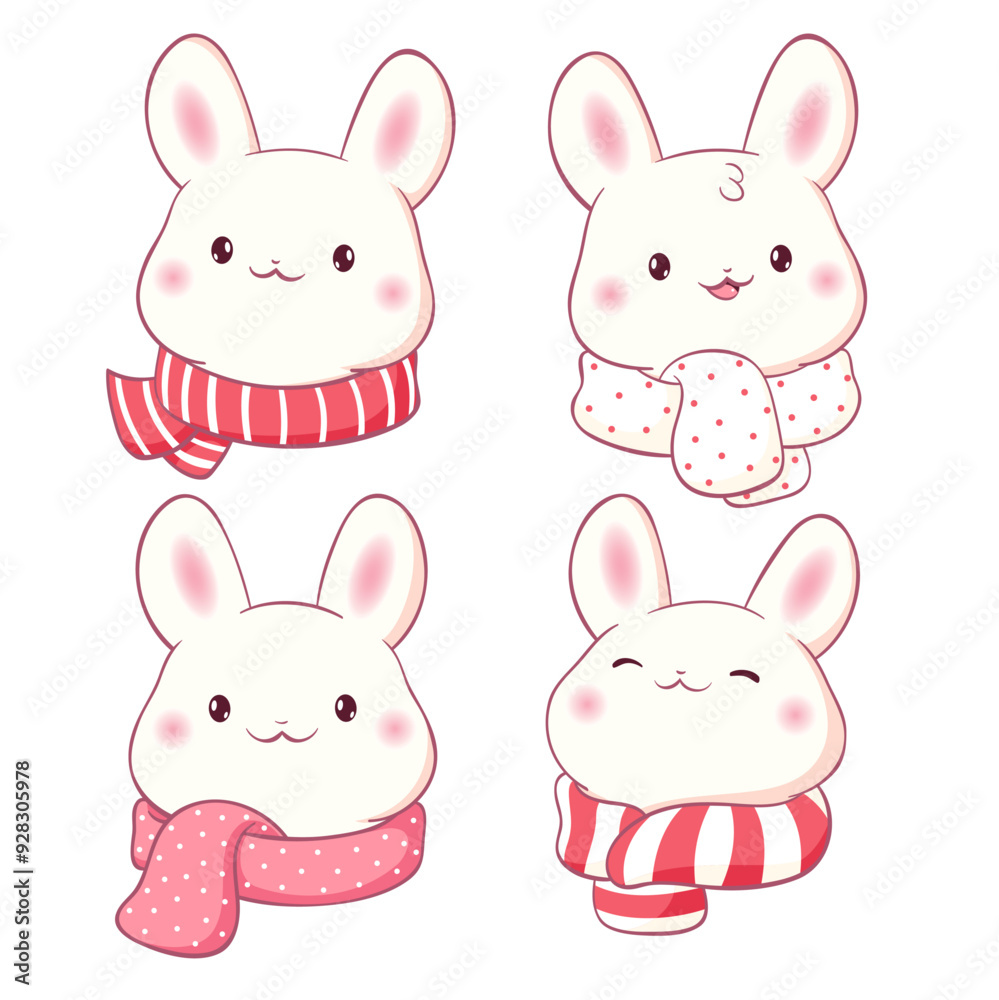 Set of little bunny in kawaii style. Winter holiday set with tiny baby rabbits in scarves. Cute rabbit expression sheet collection. Can be used for t-shirt print, sticker, greeting card. Vector EPS8 Set of little bunny in kawaii style. Winter holiday set with tiny baby rabbits in scarves. Cute rabbit expression sheet collection. Can be used for t-shirt print, sticker, greeting card. Vector EPS8