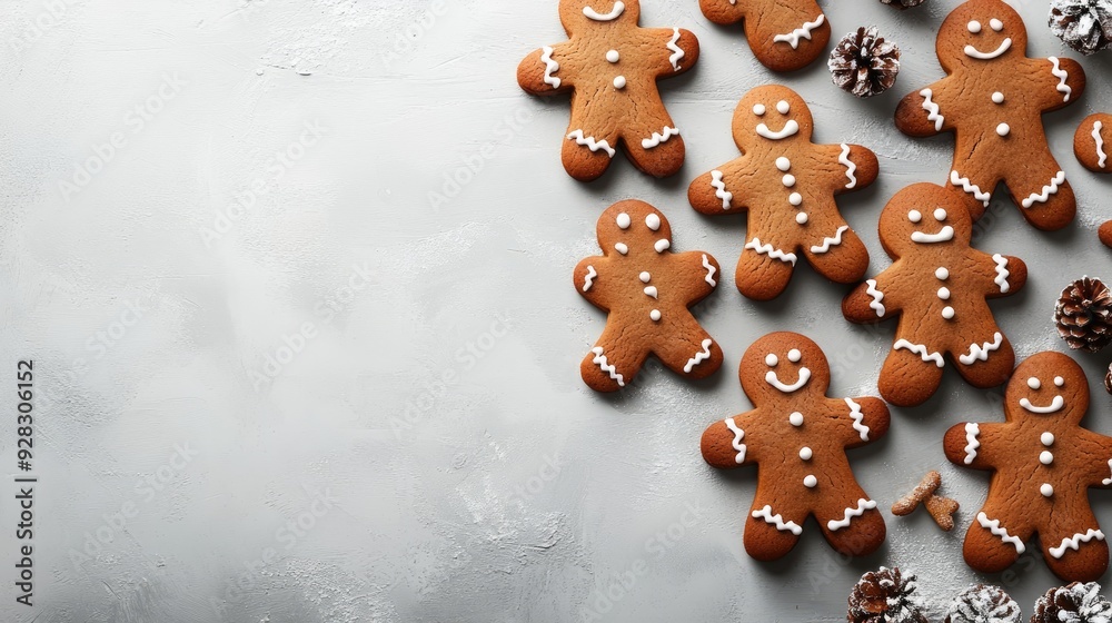 Delicious christmas gingerbread men cookies covering left side of grey background
