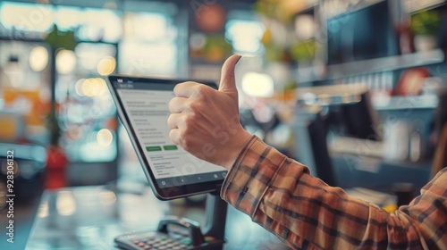 Customer giving thumbs up, leaving review on tablet, service counter. photo