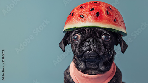 Cute and funny French Bulldog with watermelon helmot on isolated background ,English Bulldog close to red watermelon in studio shoot  ,animal summer holiday concept photo