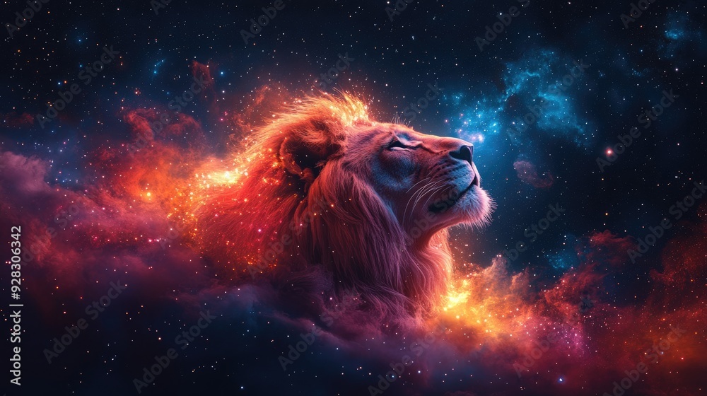 Naklejka premium Majestic lion gazing at the cosmos: a symbol of strength and wonder
