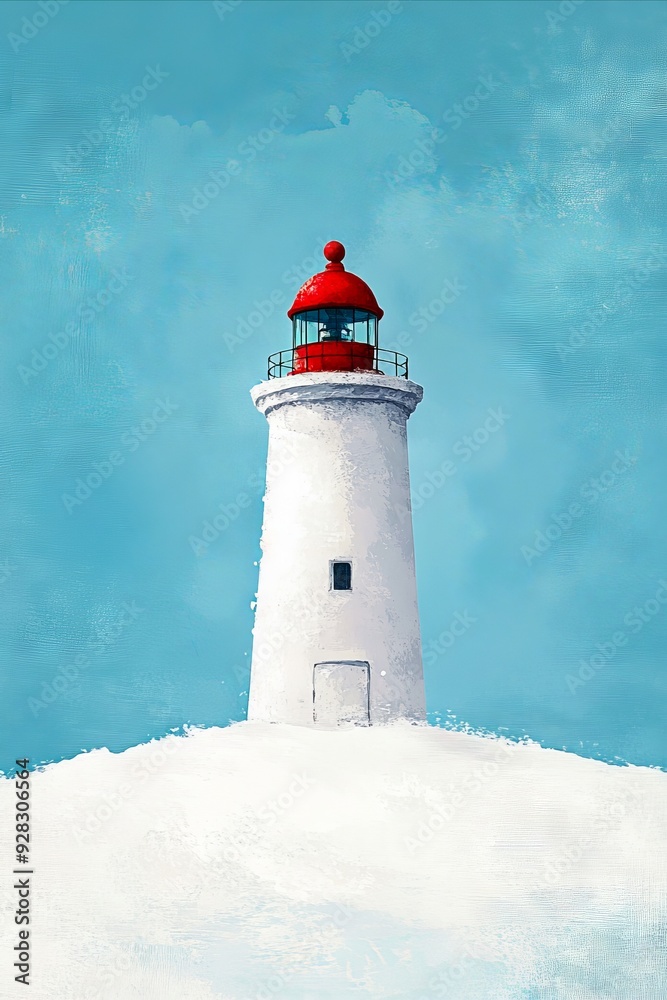 A painting of a white and red lighthouse in the snow A painting of a white and red lighthouse in the snow