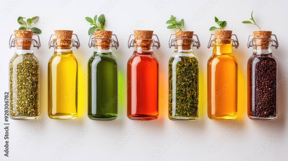 Various cooking oil bottles with spices and herbs standing on white background Various cooking oil bottles with spices and herbs standing on white background