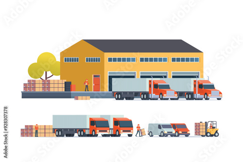 Modern flat Illustration of warehouse building, factory storage. truck and container. Warehouse Management, Logistic Management. vector illustration
