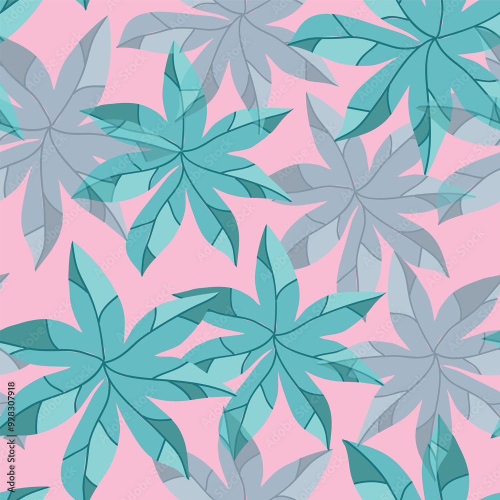 Tropical leaves on pink background, pattern illustration Tropical leaves on pink background, pattern illustration