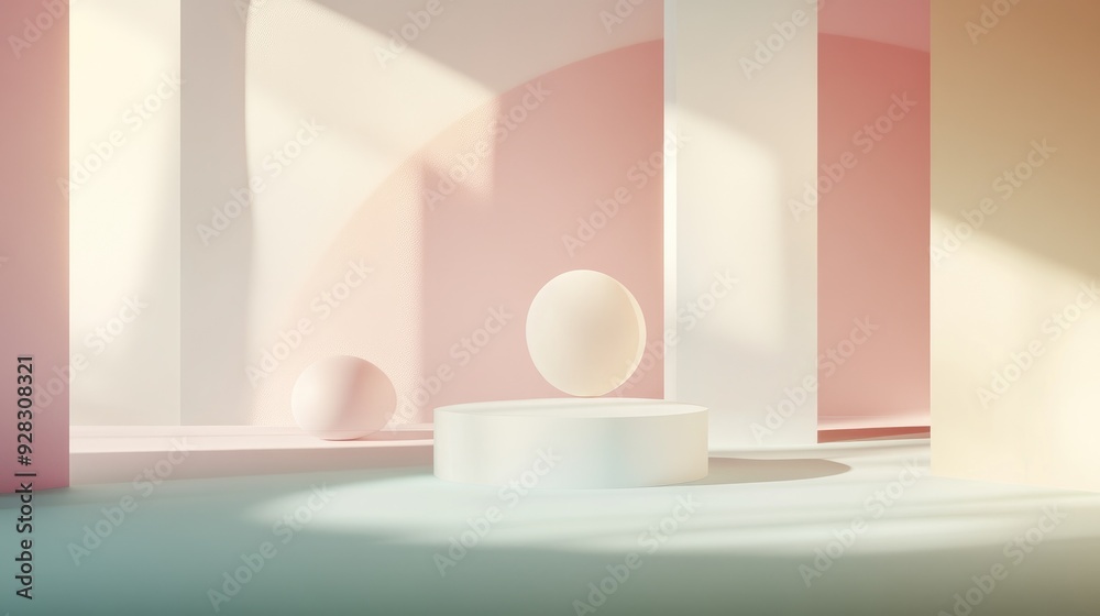 Minimalist product display with a soft white cylinder podium, white sphere, and soft pastel pink, white, and blue walls. Minimalist product display with a soft white cylinder podium, white sphere, and soft pastel pink, white, and blue walls.