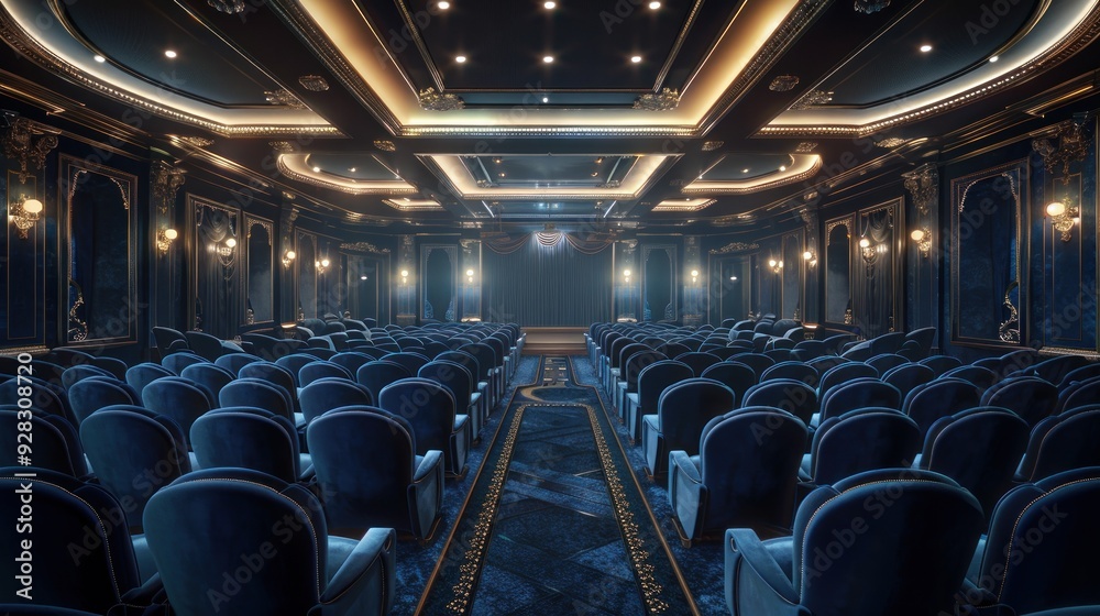 Fototapeta premium Elegantly designed auditorium with navy blue velvet chairs, bright lighting, high-end finishes, ambient lighting, luxurious decor.