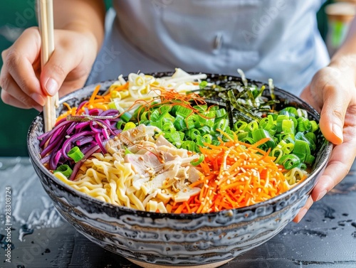 Stylishly plated colorful ramen dish served by person in a restaurant setting