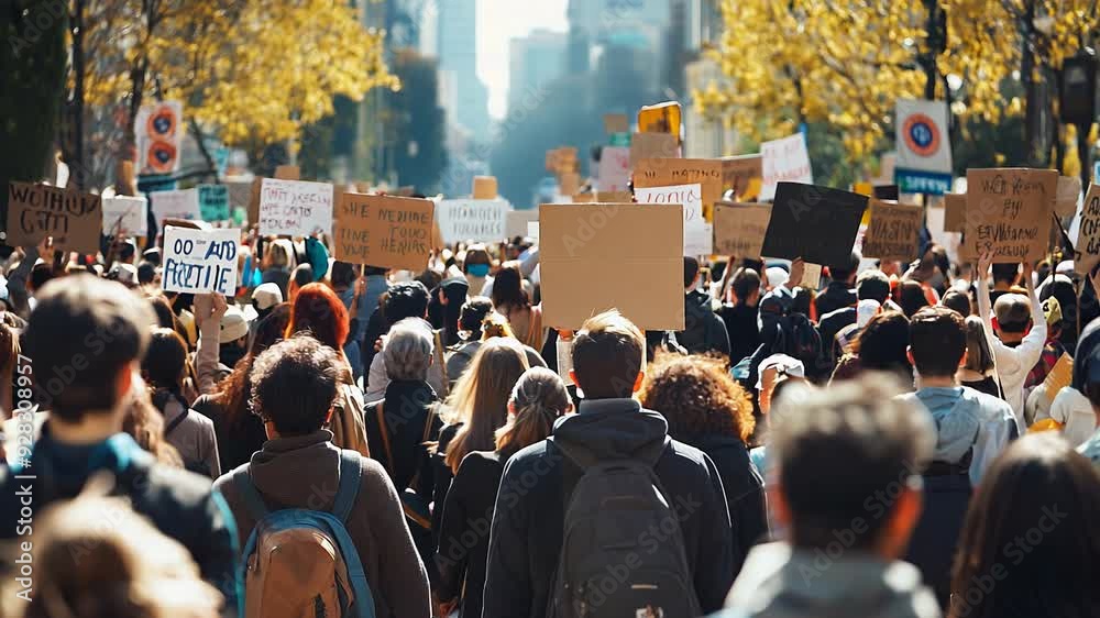 Diverse crowd of people carrying signs and banners in a protest march through city streets. Concepts of activism, social justice, and community efforts for change.