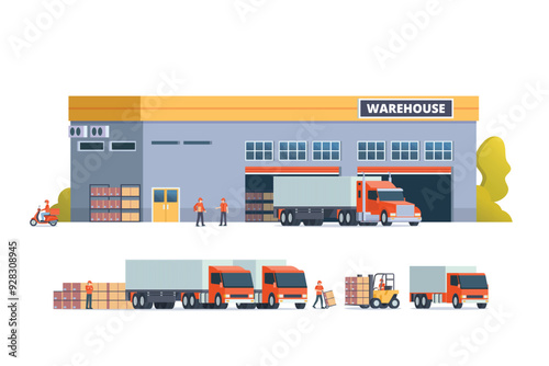 Modern flat Illustration of warehouse building, factory storage. truck and container. Warehouse Management, Logistic Management. vector illustration