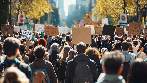 Diverse crowd of people carrying signs and banners in a protest march through city streets. Concepts of activism, social justice, and community efforts for change.