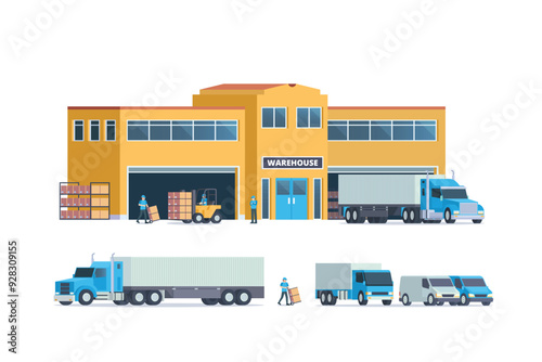 Modern flat Illustration of warehouse building, factory storage. truck and container. Warehouse Management, Logistic Management. vector illustration
