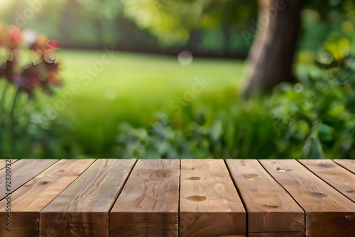 wooden table, product placement, green nature, Generative AI