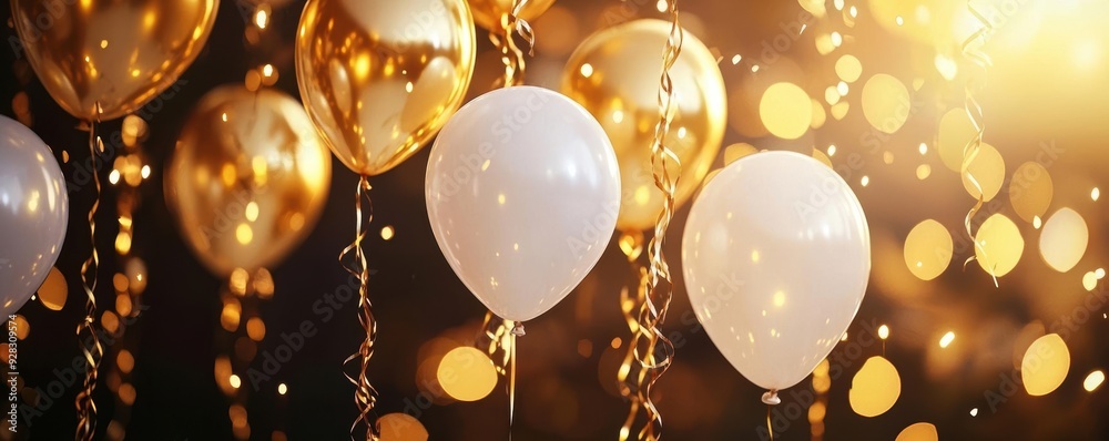 Golden and white balloons with bokeh background.