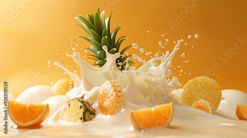 Refreshing milk splash with tangy orange slices and succulent pineapple pieces photo