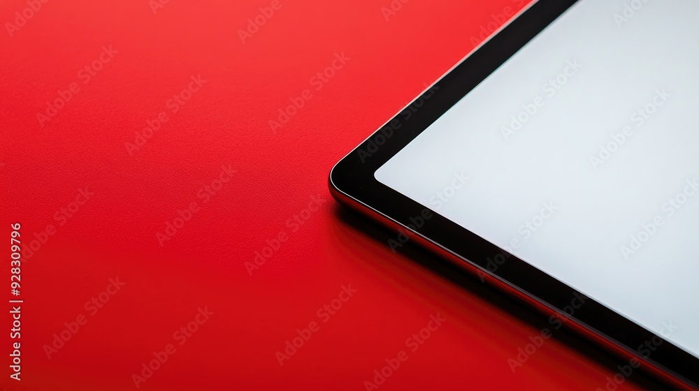 Close-up of a tablet's edge with a white screen against a red surface. Close-up of a tablet's edge with a white screen against a red surface.