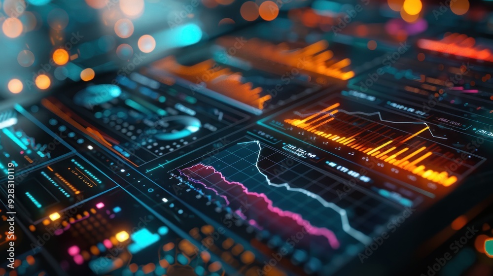 Real-time data analytics on a smart device, live updates, colorful visualizations.