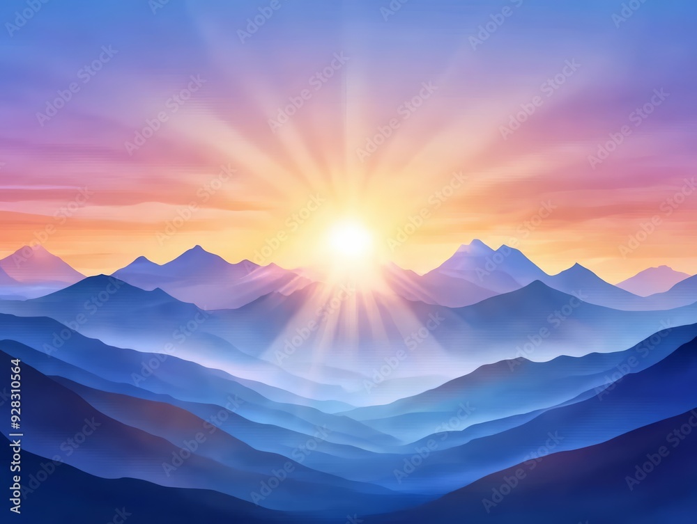 A vibrant sunrise casts warm light over blue and purple layered mountain ranges, creating a serene and peaceful landscape. A vibrant sunrise casts warm light over blue and purple layered mountain ranges, creating a serene and peaceful landscape.