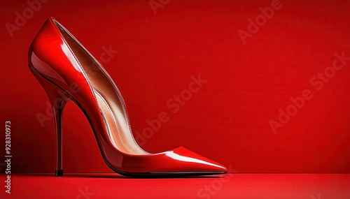 Stylish red high heel shoe on a vibrant red background, perfect for fashion and beauty themes.