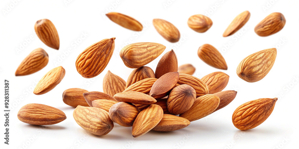Close-up of falling almonds against a white background, highlighting their natural texture and color Close-up of falling almonds against a white background, highlighting their natural texture and color