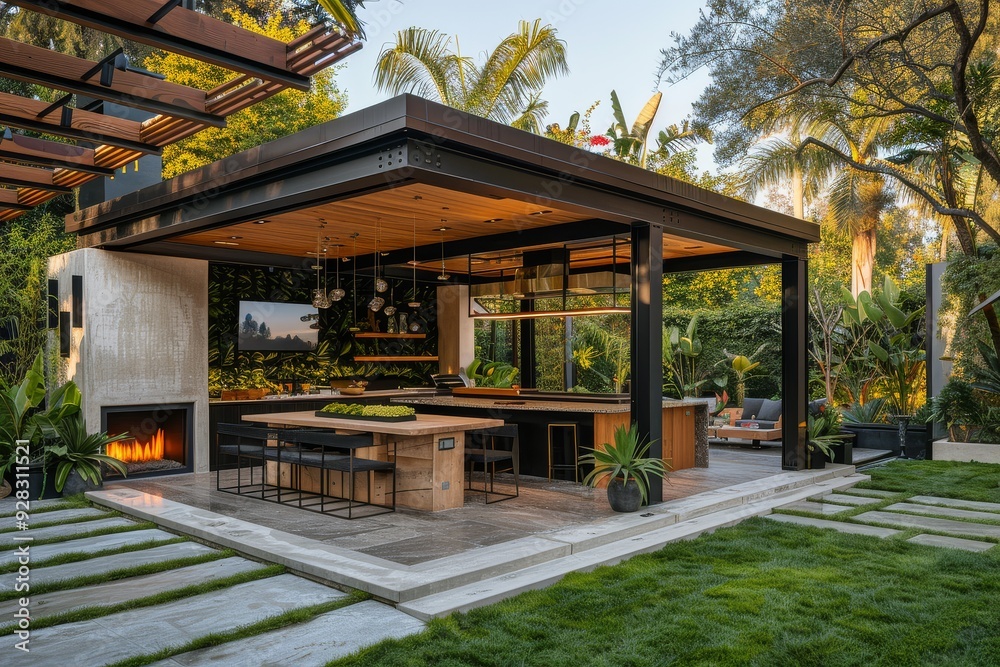 Elegant outdoor patio with black and white laser cut panels, wooden steps leading to a modern terrace with comfortable seating surrounded by plants, featuring a gray backdrop and a white arbor with a Elegant outdoor patio with black and white laser cut panels, wooden steps leading to a modern terrace with comfortable seating surrounded by plants, featuring a gray backdrop and a white arbor with a