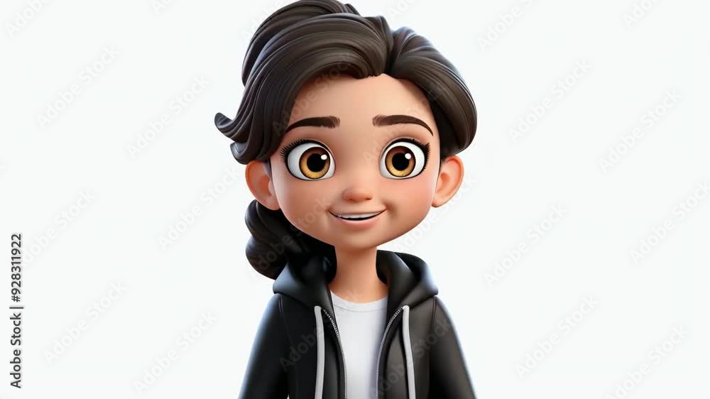 3D Animation of Smiling Young Woman with Dark Hair and Brown Eyes on White Background 3D Animation of Smiling Young Woman with Dark Hair and Brown Eyes on White Background