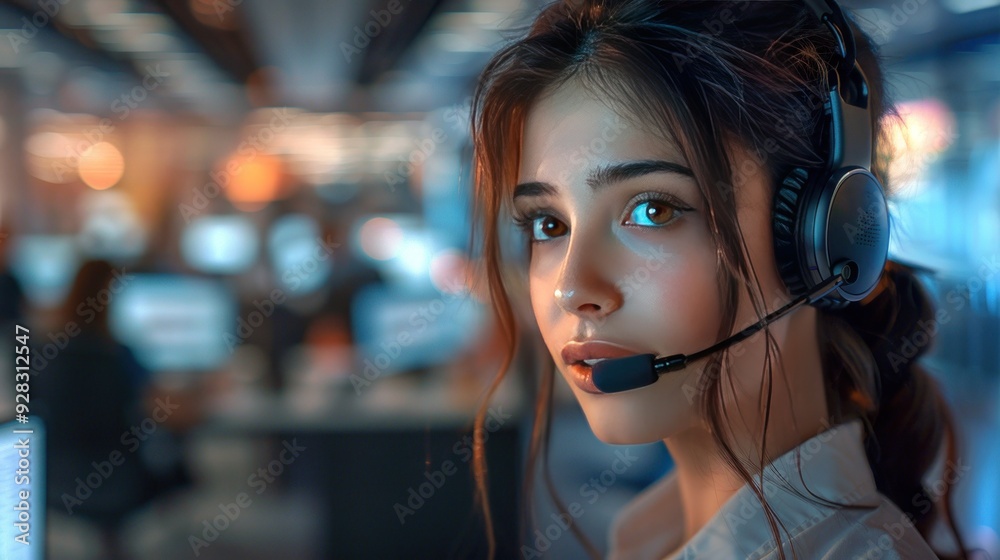 An Asian woman speaking with a customer in a high-tech call center. An Asian woman speaking with a customer in a high-tech call center.