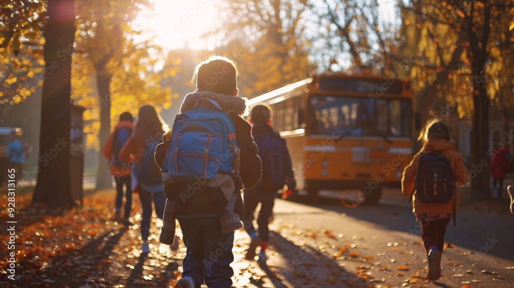 Obraz premium Children running towards school bus on an autumn morning with their backpacks