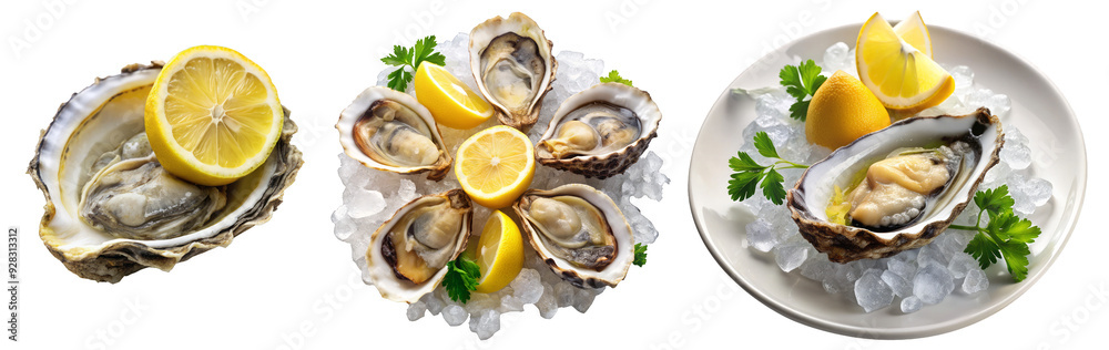 Plate of Oysters with Lemon Wedges on Transparent Background Plate of Oysters with Lemon Wedges on Transparent Background