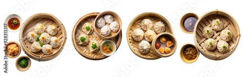 Various Dim Sum in Bamboo Steamers with Assorted Sauces on Transparent Background