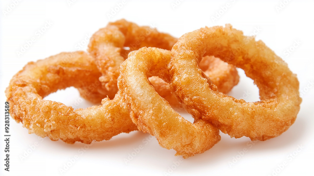 crispy onion rings with a golden-brown coating, isolated on a white background crispy onion rings with a golden-brown coating, isolated on a white background