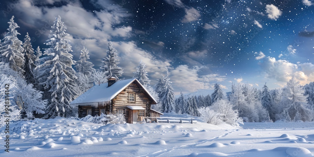 Naklejka premium Rustic wooden cabin surrounded by snow-laden trees under a starry winter sky.