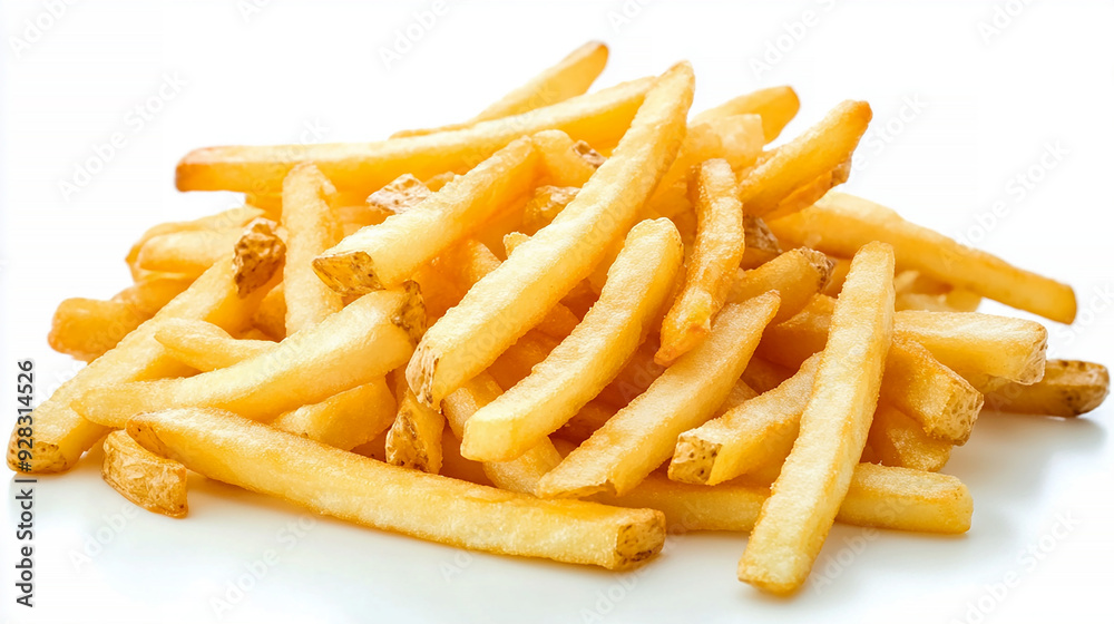 golden, crispy French fries, isolated on a white background. The image highlights the texture and crispiness of the fries golden, crispy French fries, isolated on a white background. The image highlights the texture and crispiness of the fries