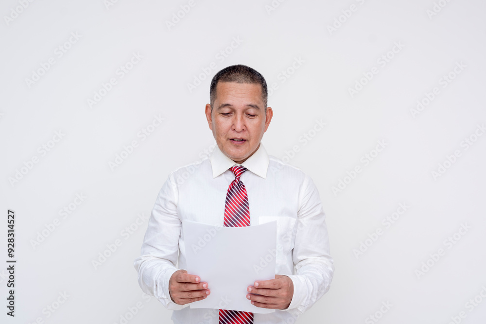 A middle aged asian manager reading some paper documents or reports. Isolated on a white background. A middle aged asian manager reading some paper documents or reports. Isolated on a white background.