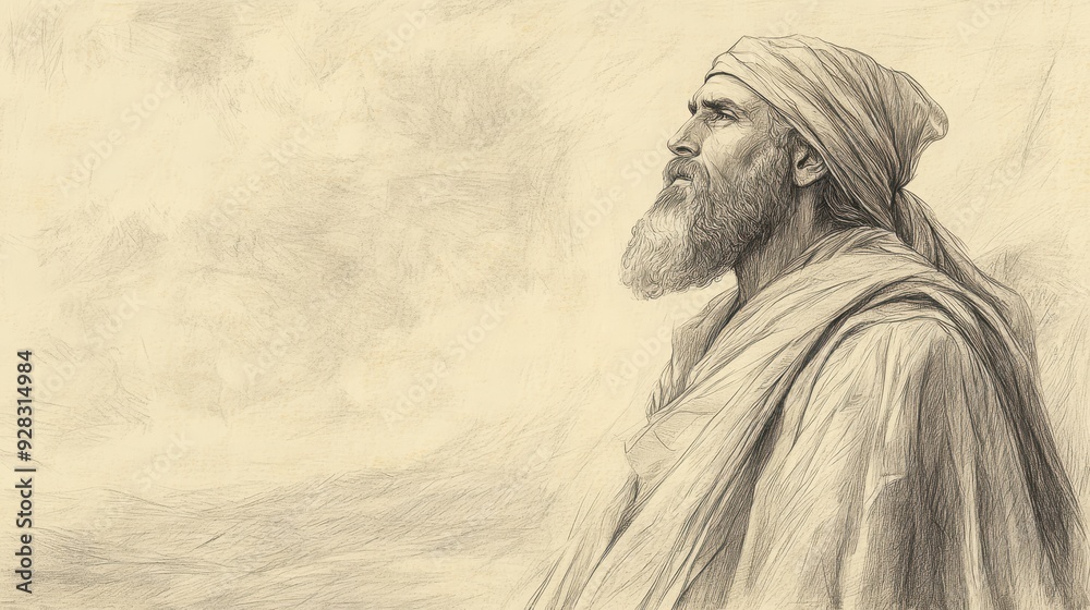 Fototapeta premium Biblical Illustration of Jehoshaphat Reflecting on Victory and Continued Peace in Judah in 2 Chronicles, Acknowledging God’s Sovereignty, Beige Background