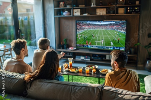 A family is watching a football game on a large television photo