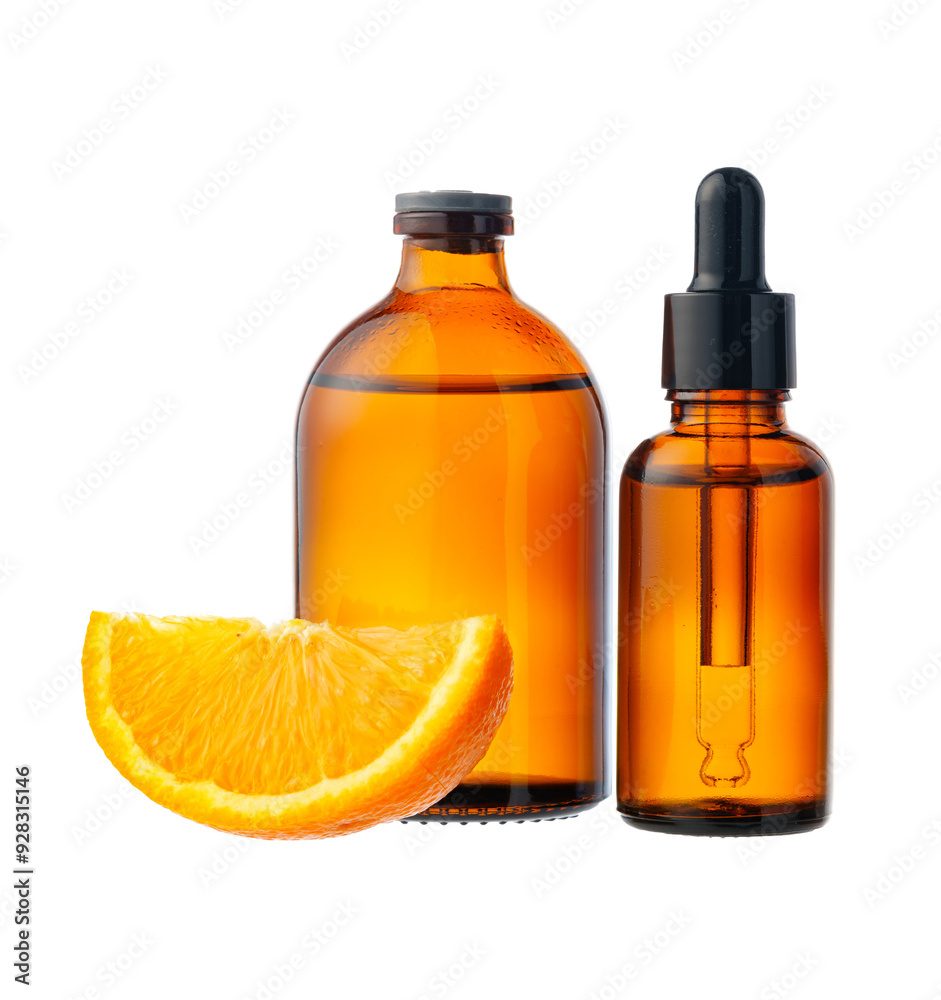 Vitamin C cosmetic bottle in with orange on white background