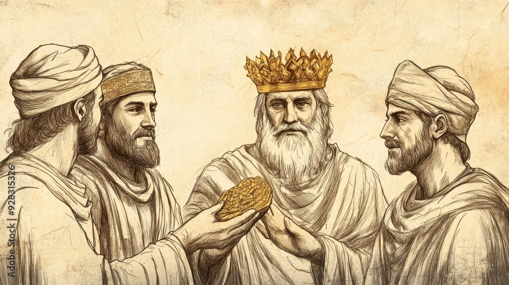 Fototapeta premium Biblical illustration of elder David presenting a golden crown to Solomon, with his other sons watching, highlighting the moment of royal succession and leadership in a solemn beige background