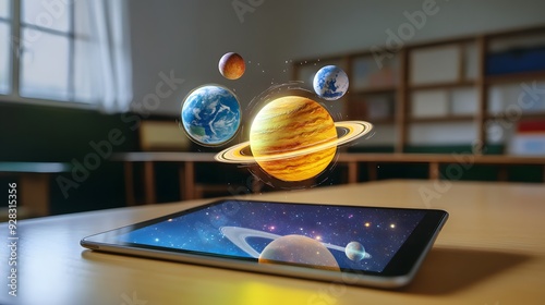 A tablet on a classroom desk displays an augmented reality hologram with planets and cosmos, illustrating the use of AR technology for engaging and interactive learning experiences
