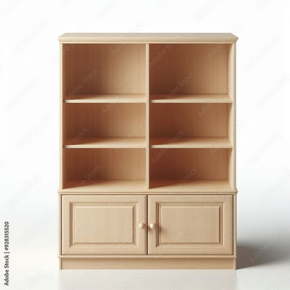 Empty wooden cabinet with open shelves for book and home storage Empty wooden cabinet with open shelves for book and home storage